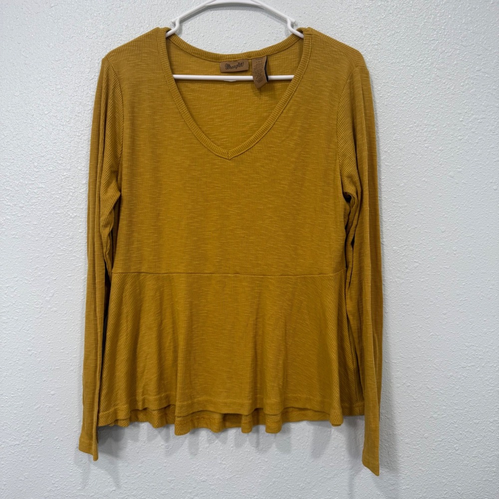 Wrangler Womens Mustard Yellow Ribbed V-Neck Peplum Long Sleeve Top Large